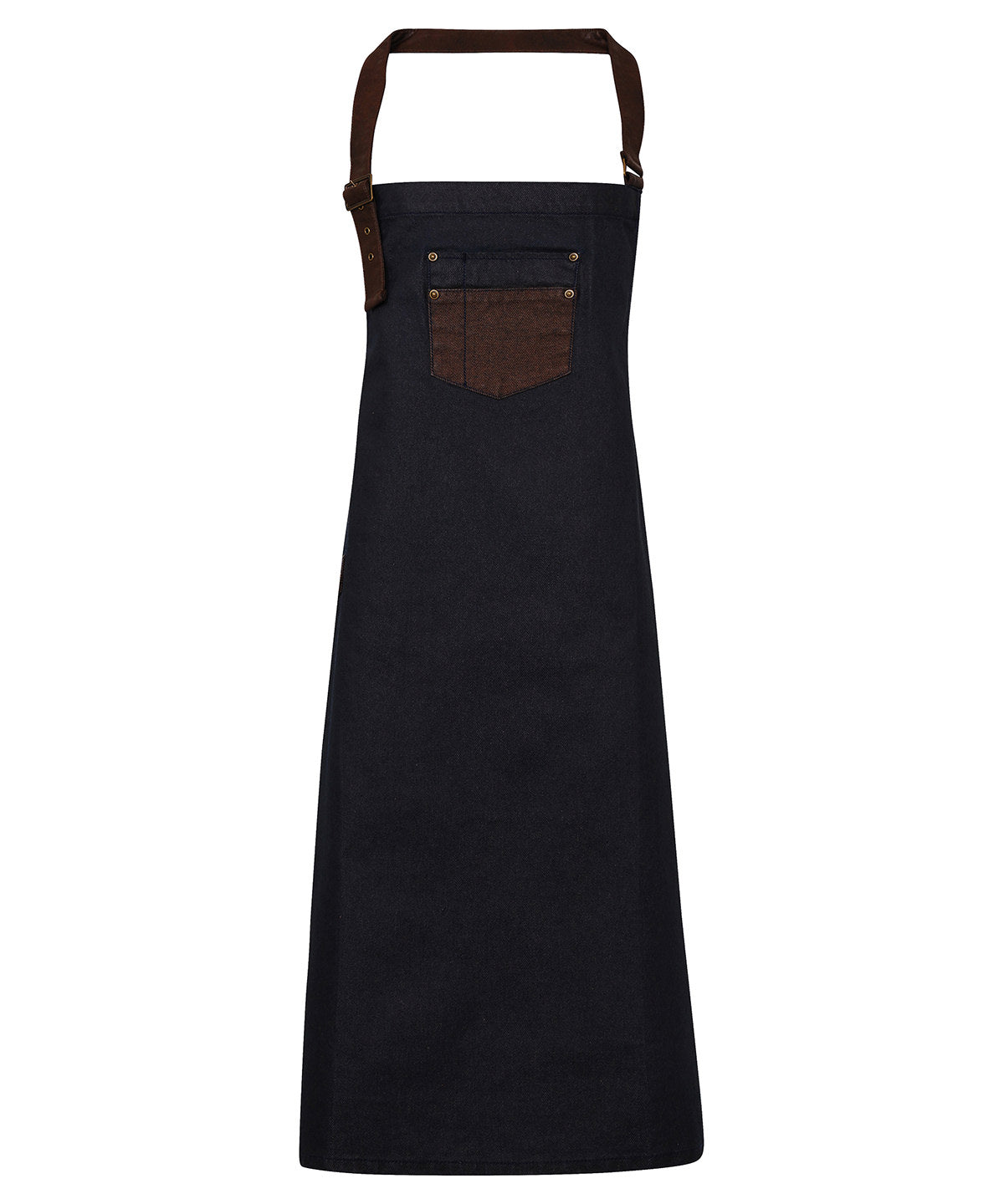 Division waxed-look denim bib apron with faux leather - Indigo/Brown Denim