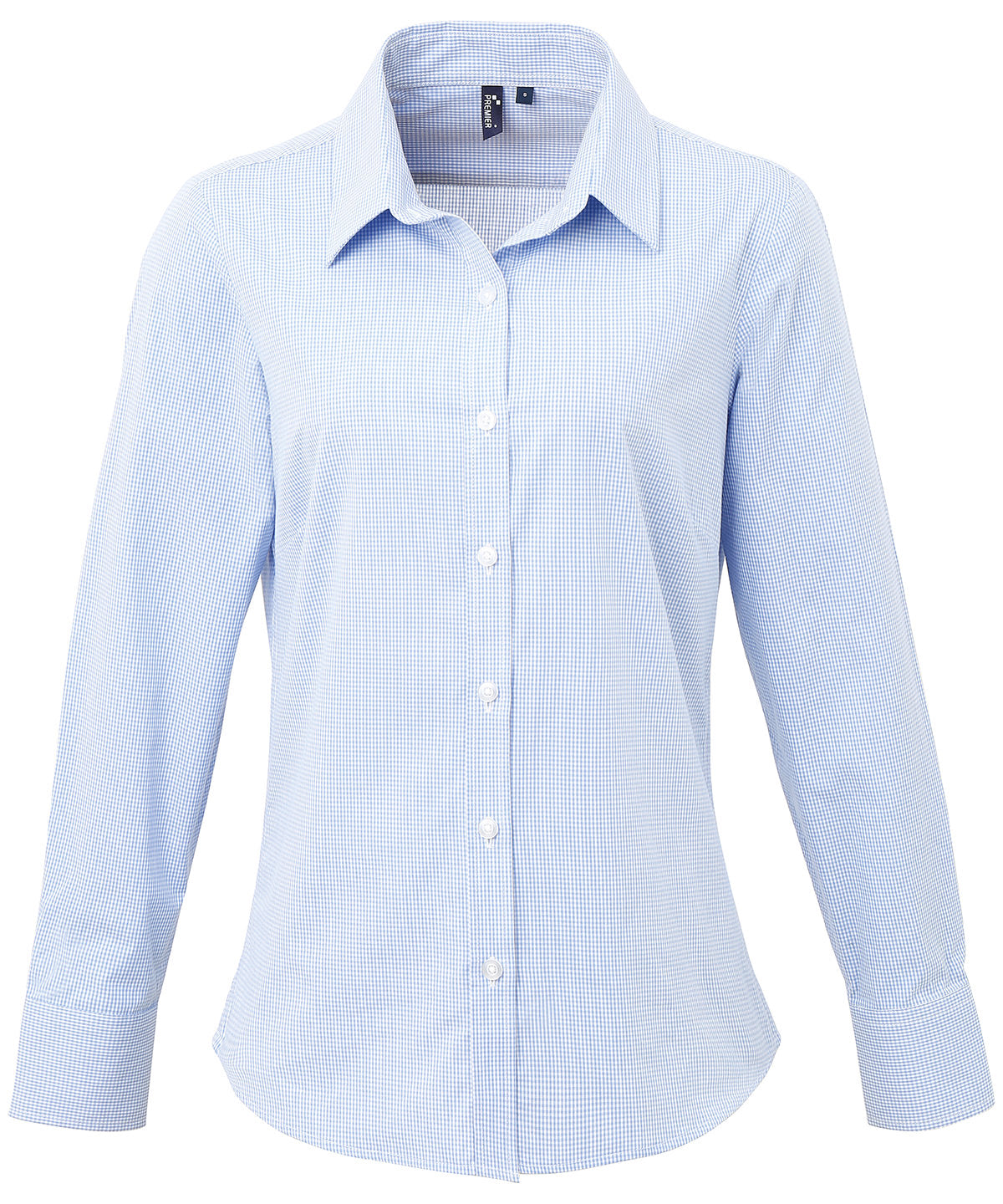 Women's Microcheck (Gingham) long sleeve cotton shirt - Light Blue/White