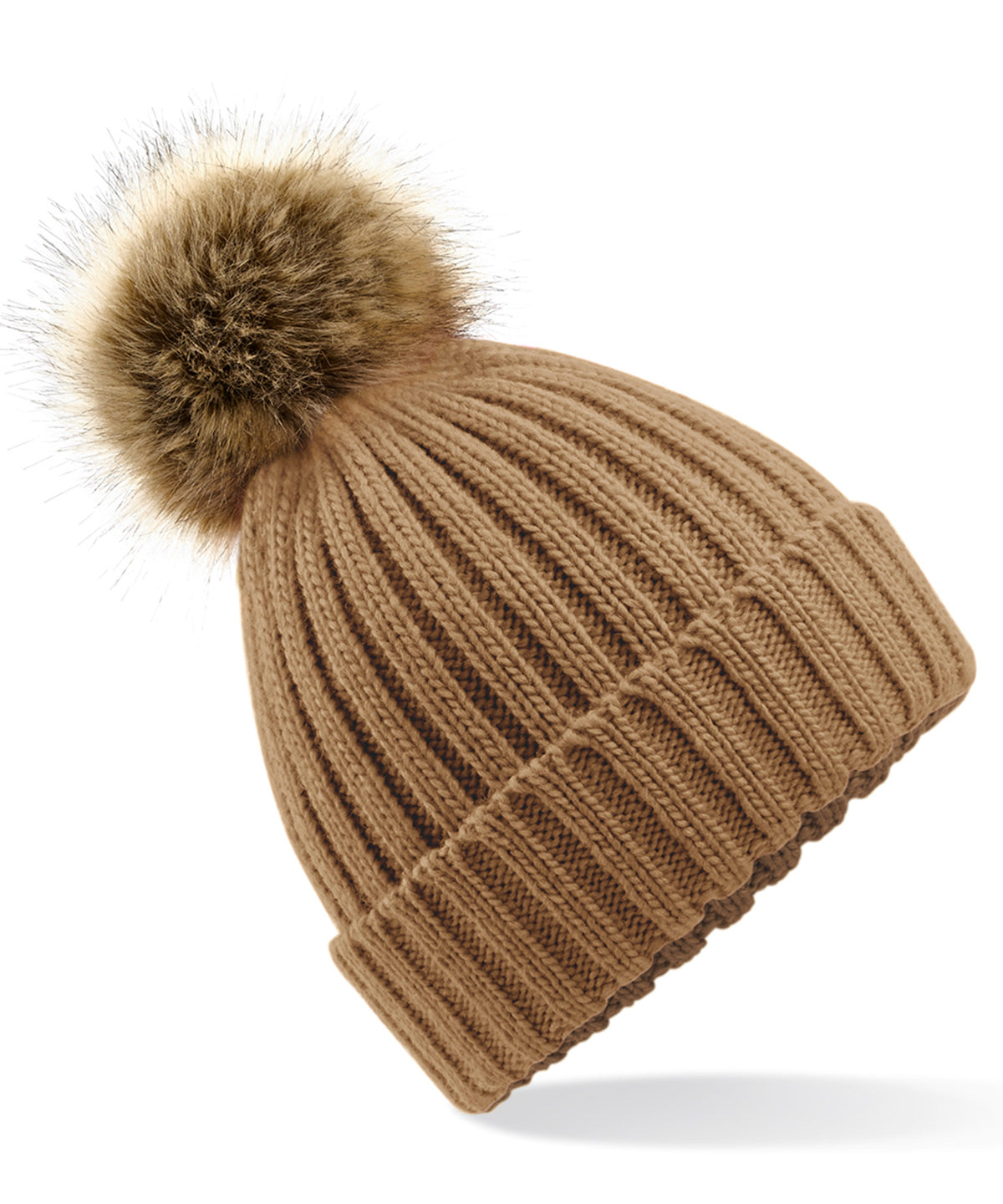 Fur pop pom chunky beanie - Biscuit